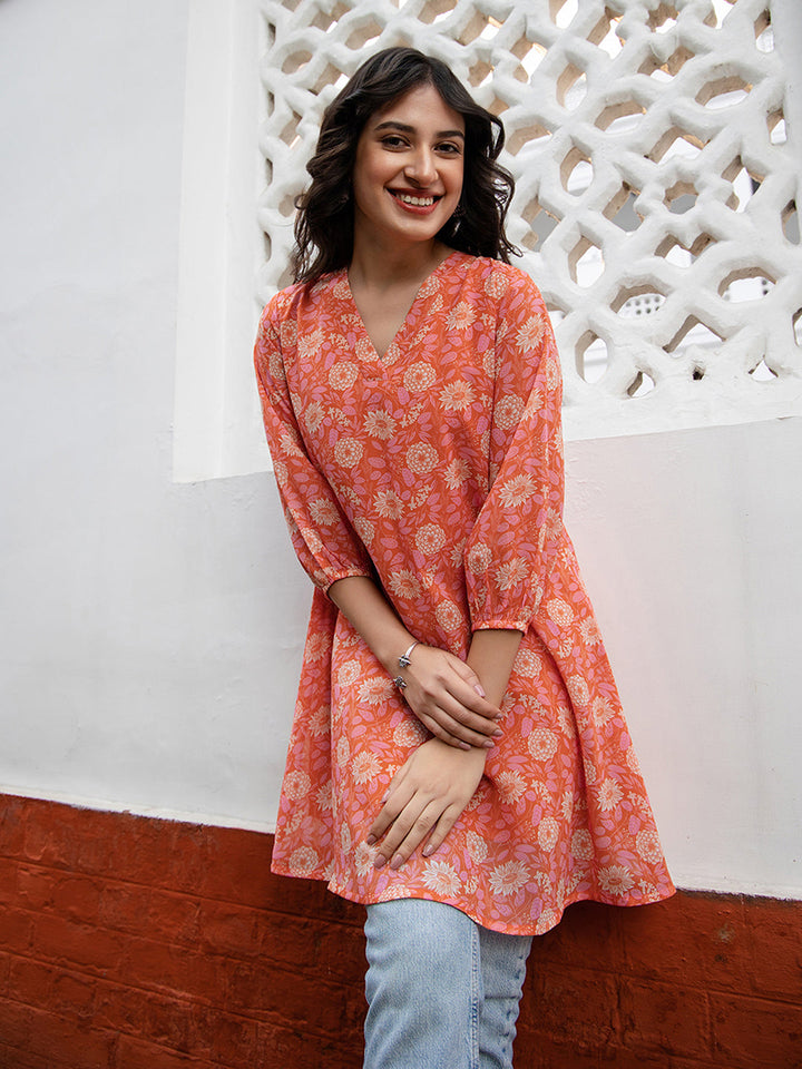 Orange Georgette Floral Tunic  - By Janasya