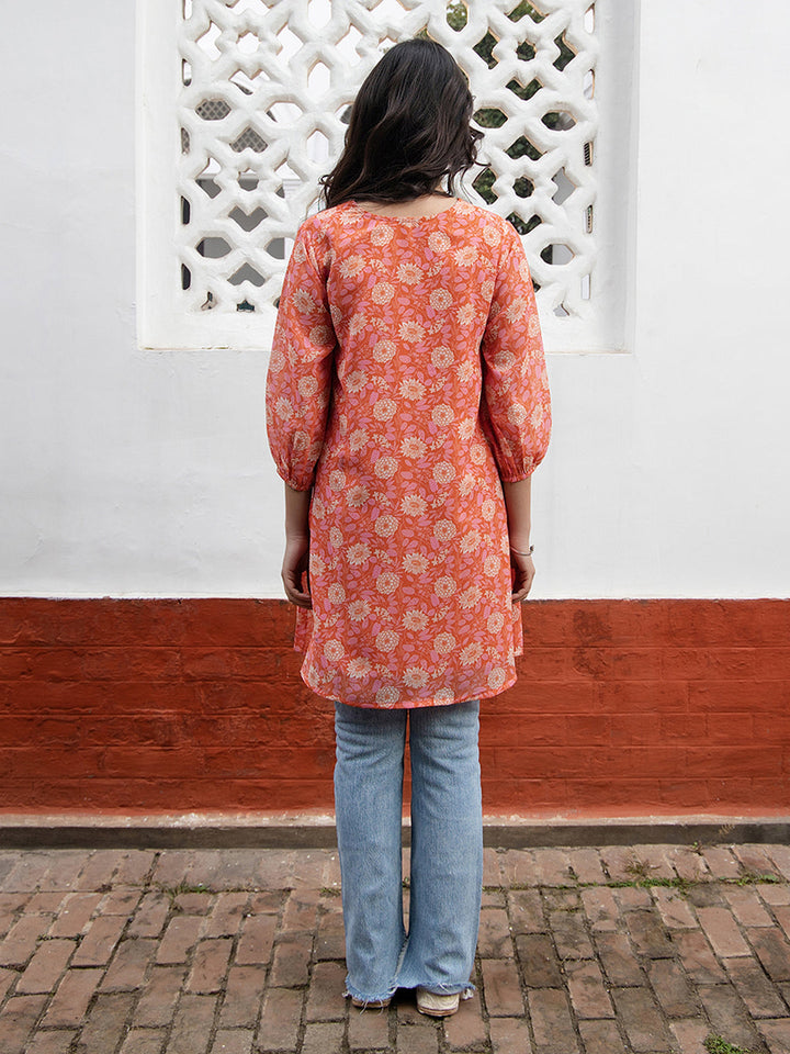 Orange Georgette Floral Tunic  - By Janasya