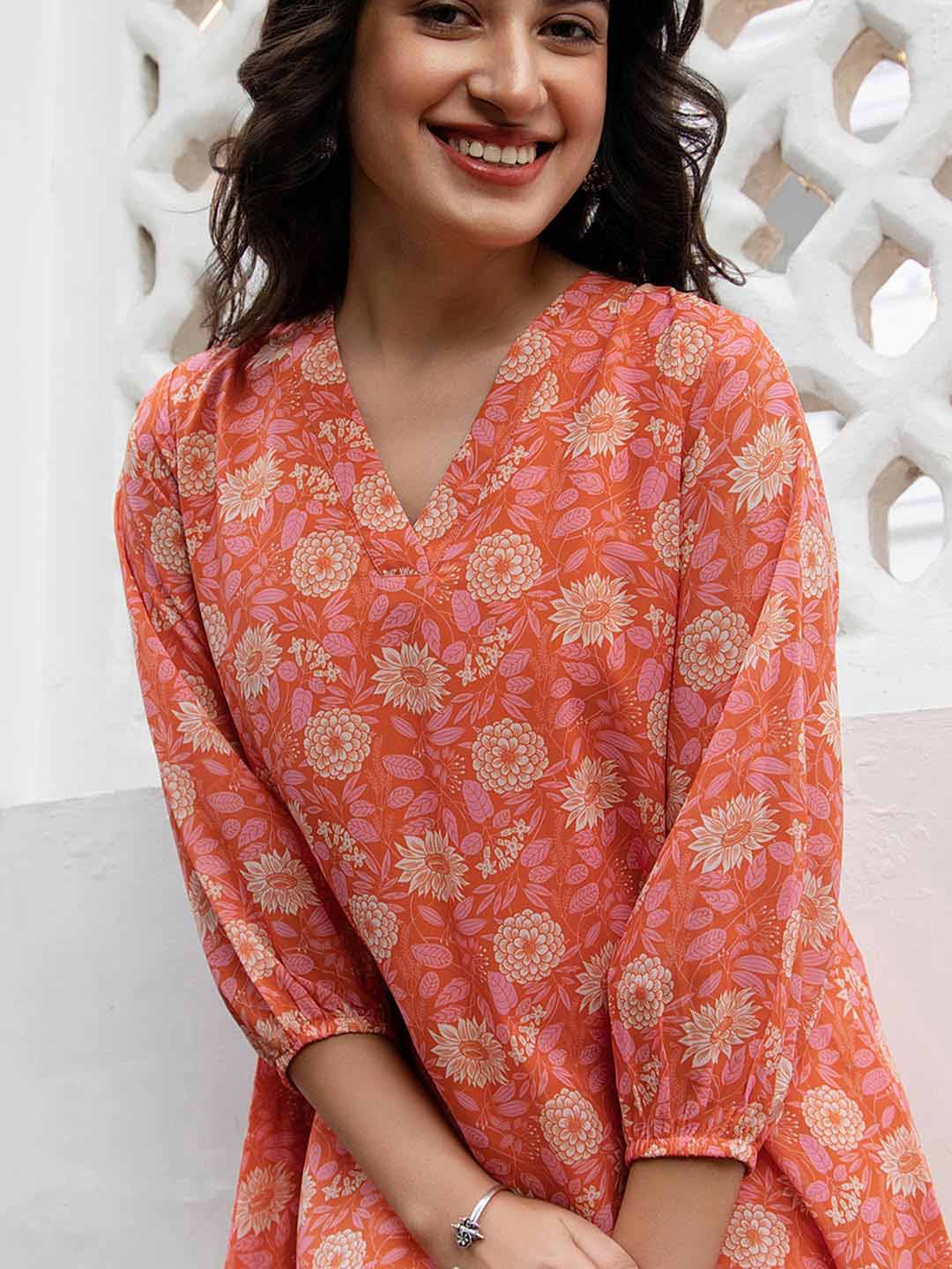 Orange Georgette Floral Regular Tunic  - By Janasya