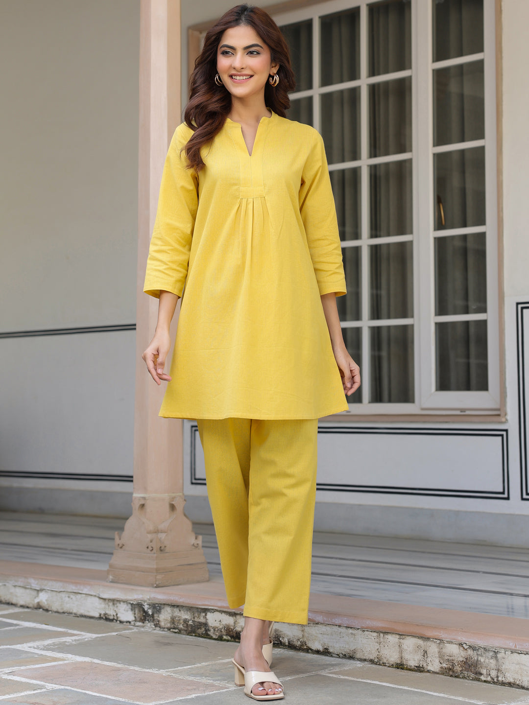 Yellow Cotton Solid A-line Co-ords Set - qivii