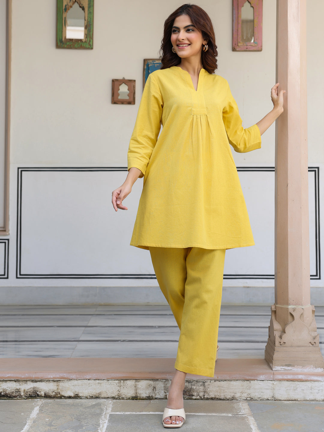 Yellow Cotton Solid A-line Co-ords Set - qivii