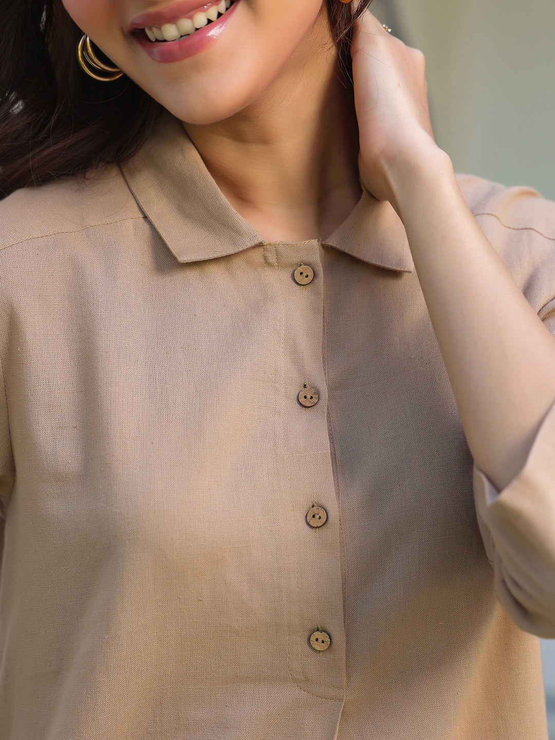 Beige Cotton Solid A-line Co-ord Set - qivii