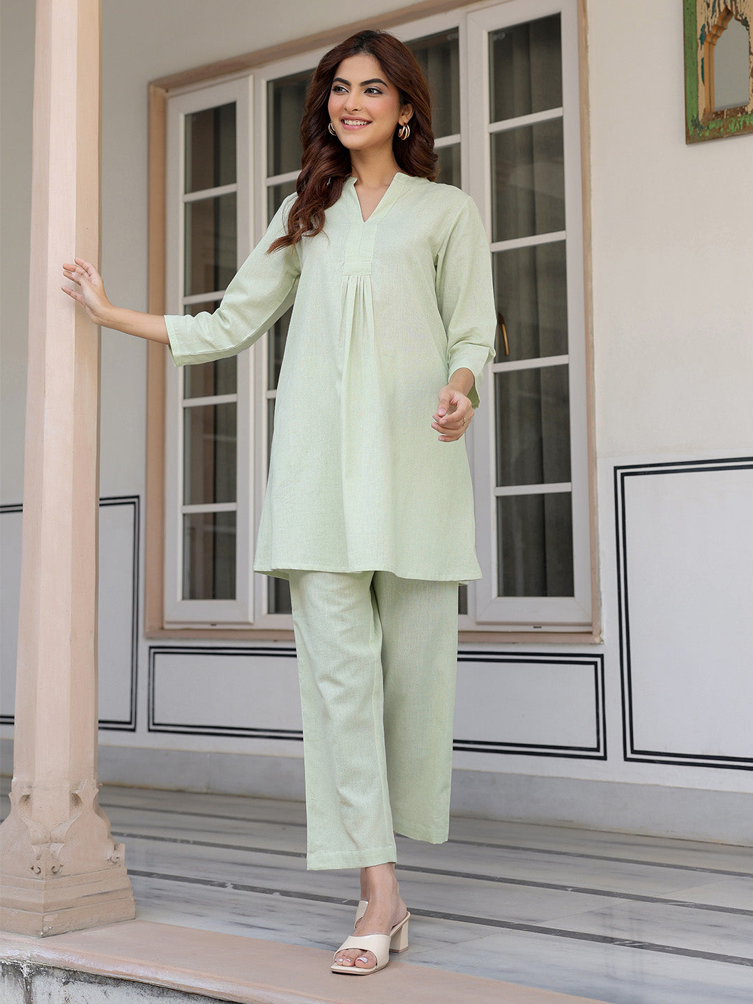 Mint Cotton Solid A-line Co-ord Set - qivii