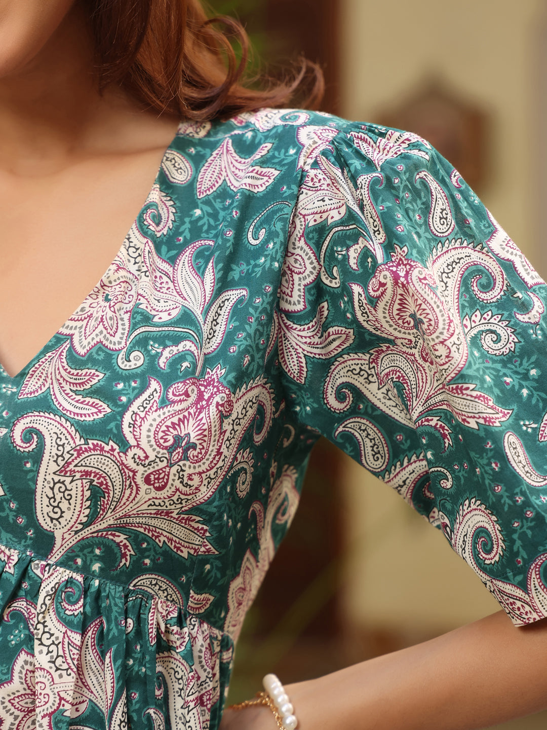 Green Pure Cotton Printed Floral Tiered Dress - qivii