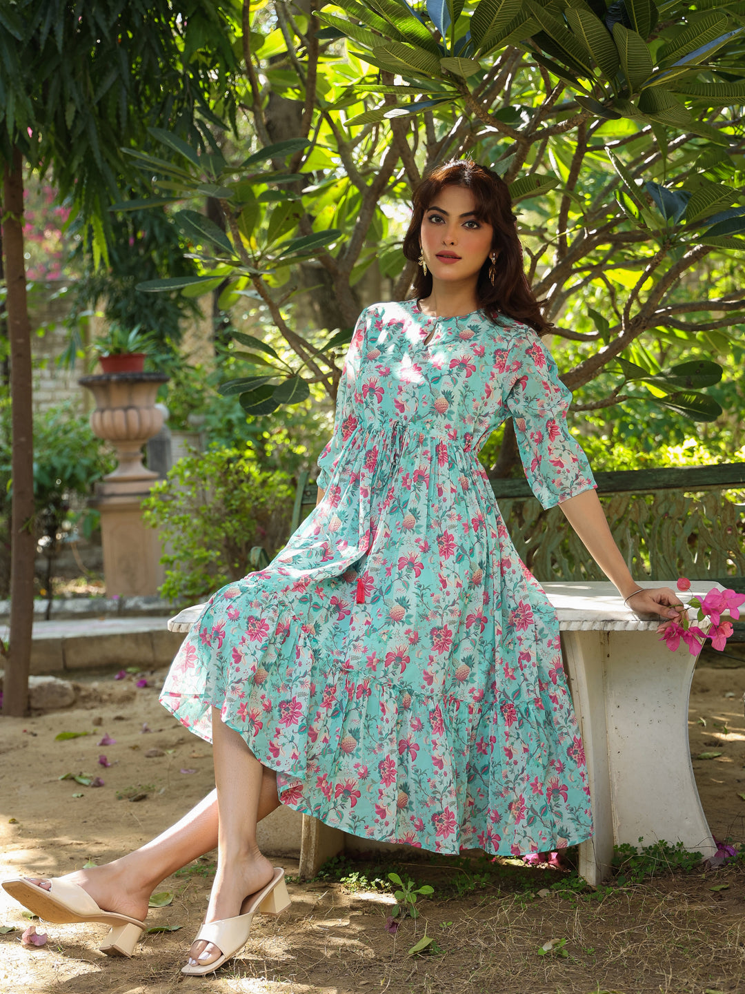 Turquoise Georgette Floral Printed Tiered Dress - qivii