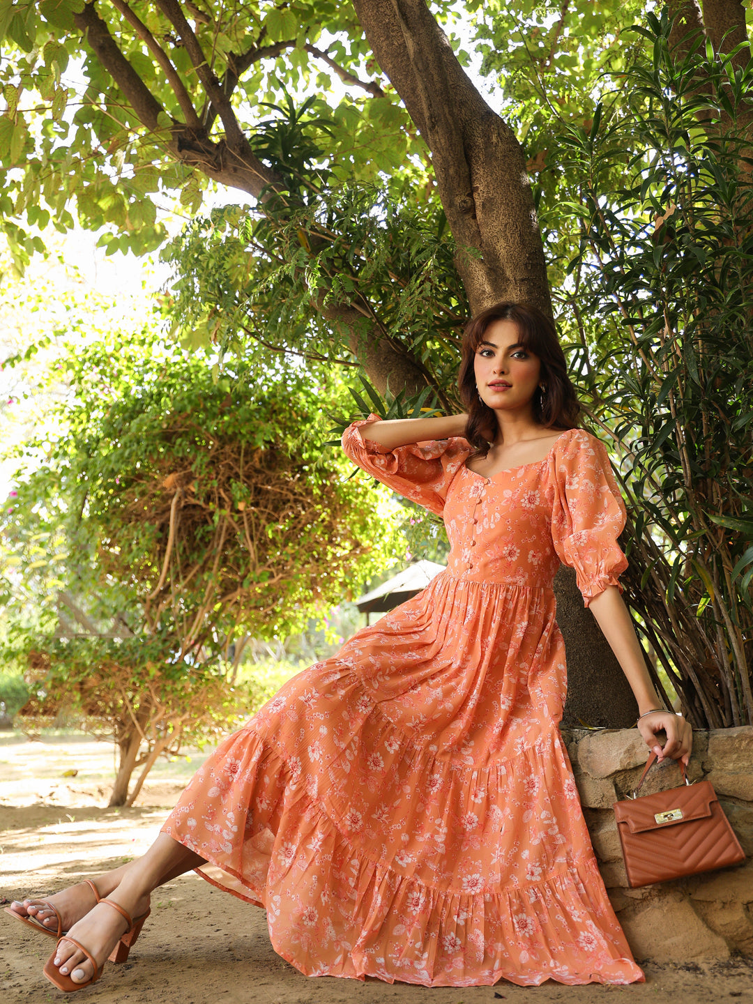 Orange Georgette Floral Printed Tiered Dress - qivii