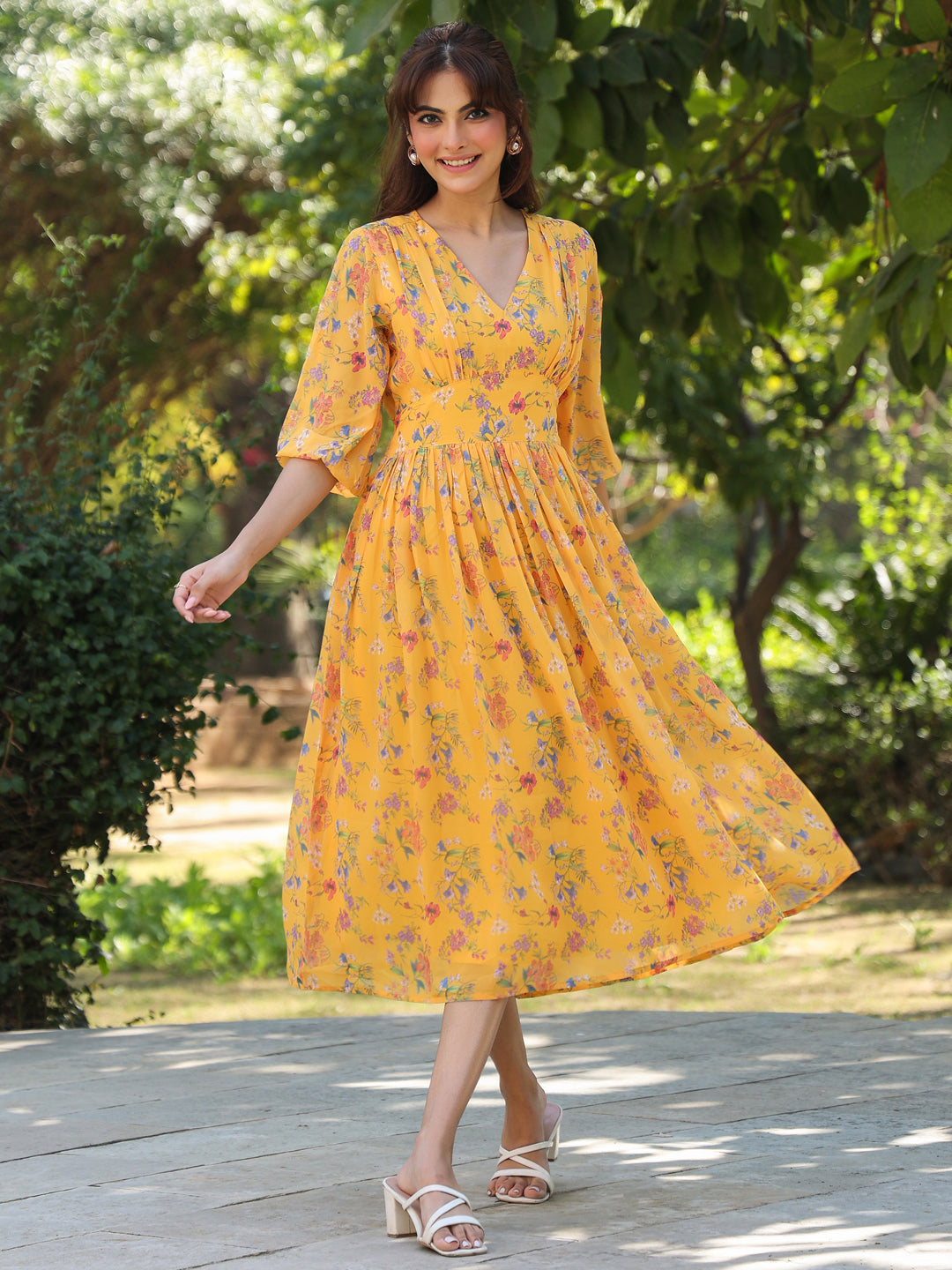 Mustard Georgette Floral Printed Gathered Dress - qivii