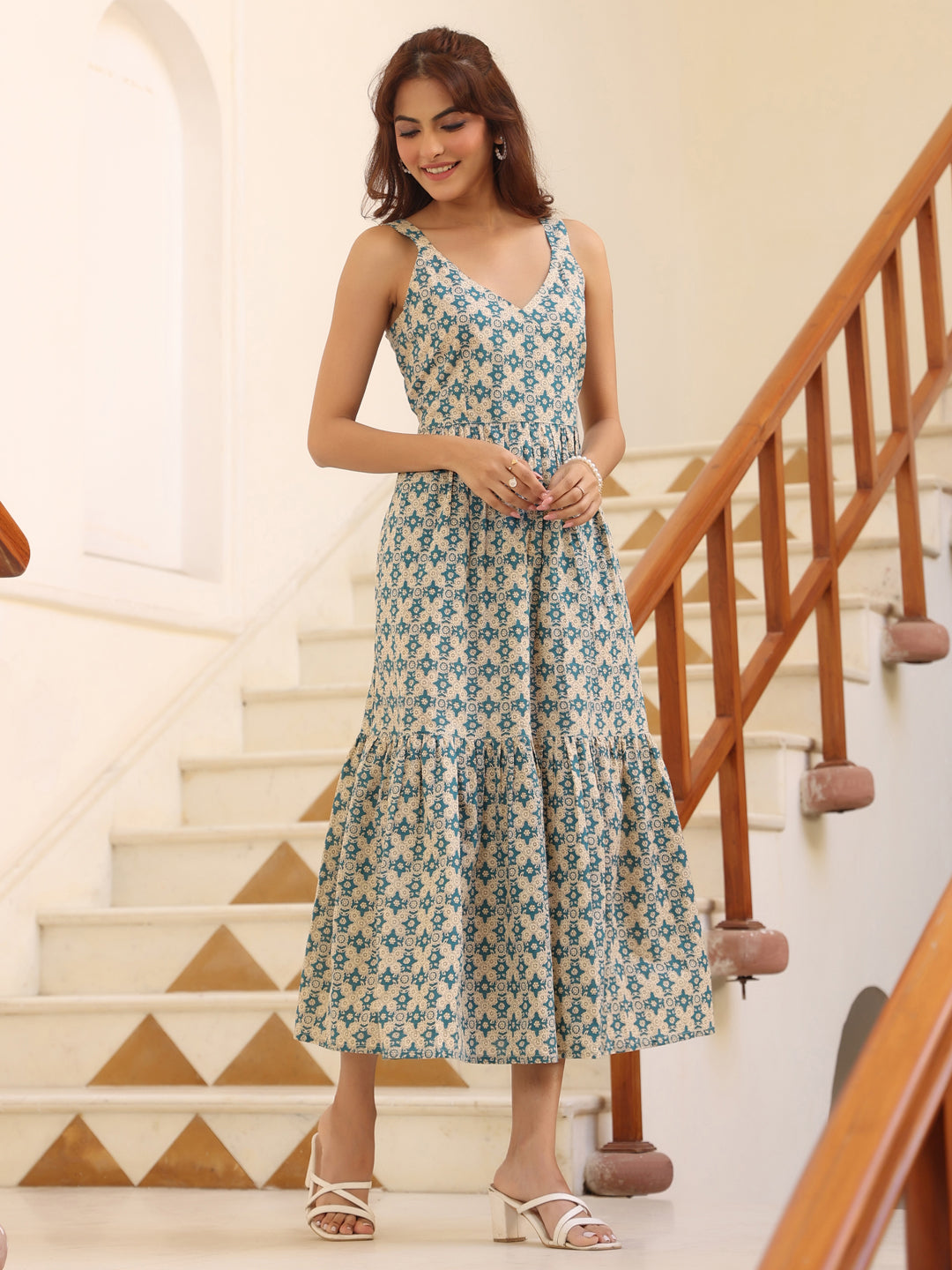 Beige Pure Cotton Ethnic Motifs Printed Tiered Dress - qivii
