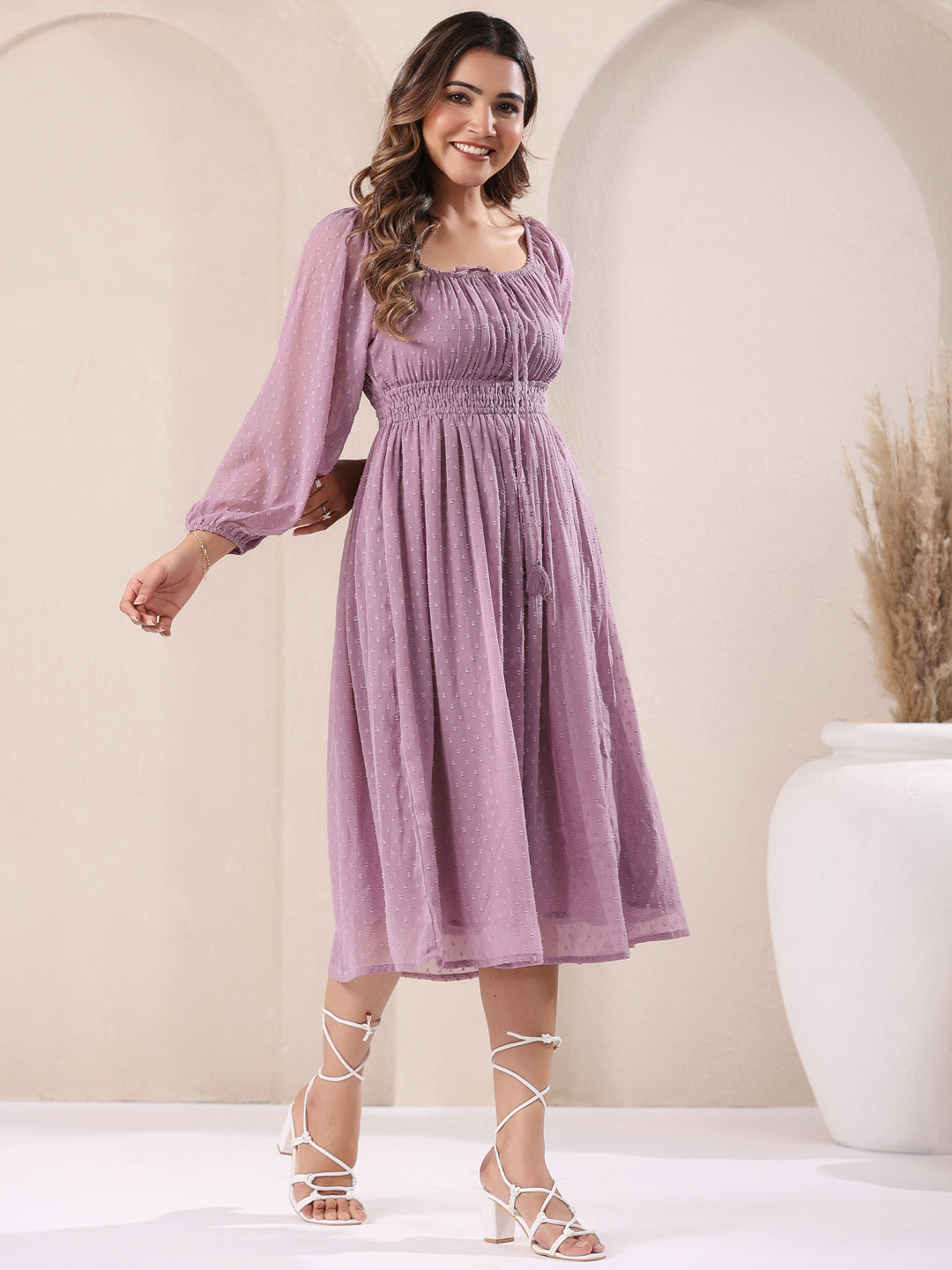 Lavender Dobby Chiffon Self Design Fit & Flare Dress - qivii