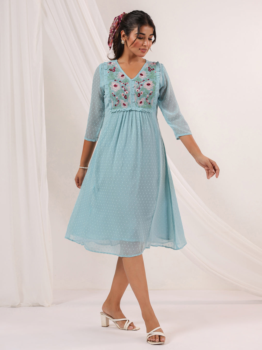 Janasya Women's Light Blue Dobby Chiffon Embroidered A-line Dress - qivii