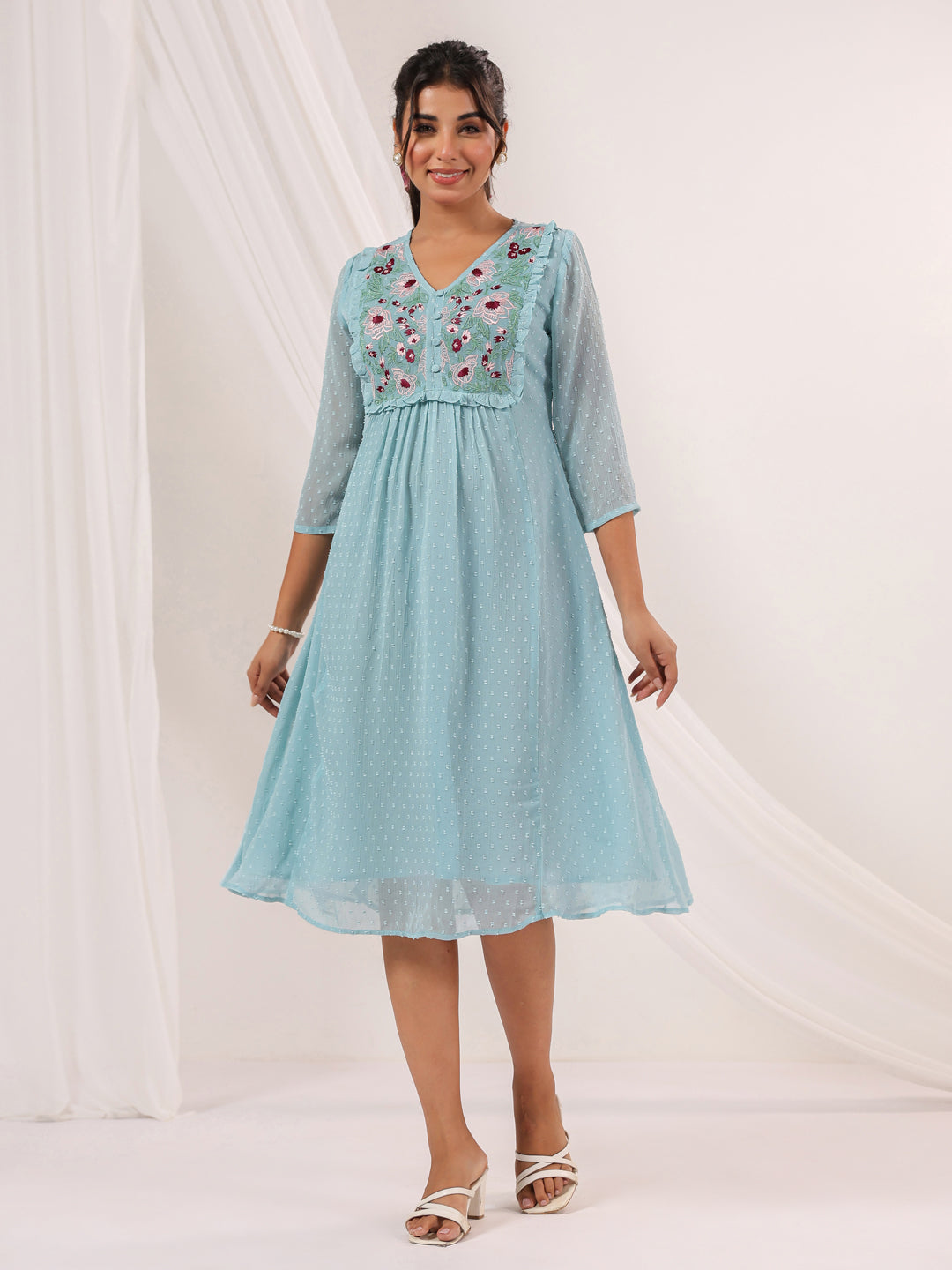 Janasya Women's Light Blue Dobby Chiffon Embroidered A-line Dress - qivii