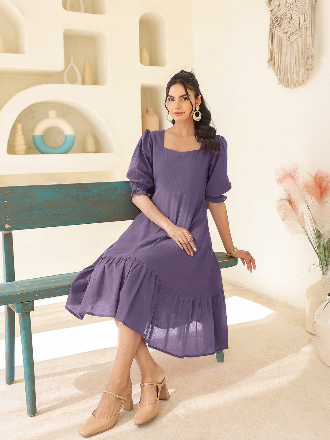 Purple Pure Cotton Solid A-line Dress - qivii