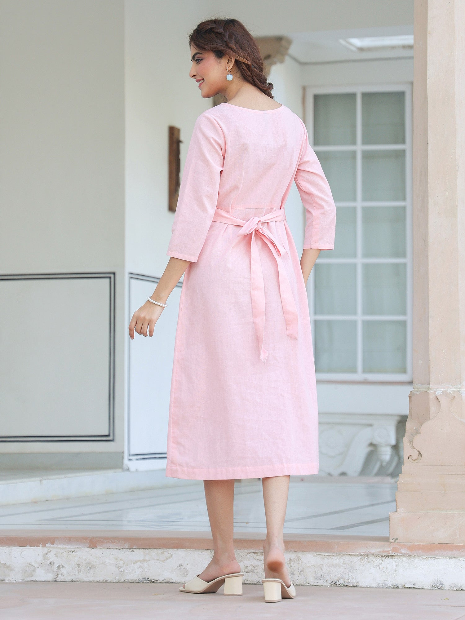 Pink Cotton Solid A-line Dress - qivii