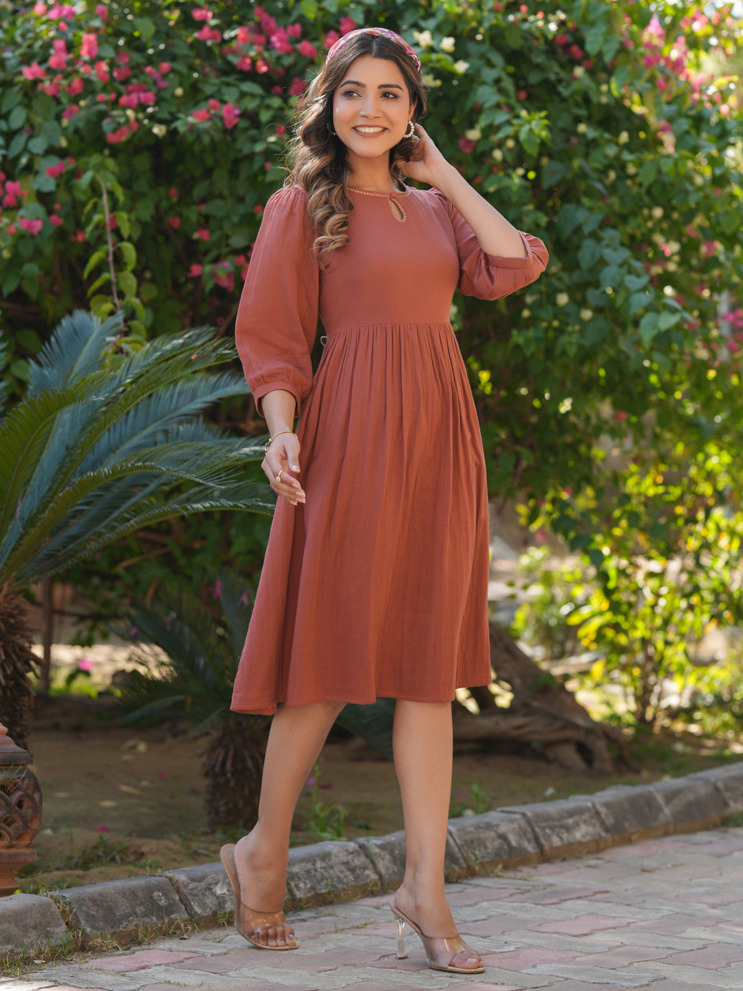 Rust Pure Cotton Solid Gathered Dress - qivii