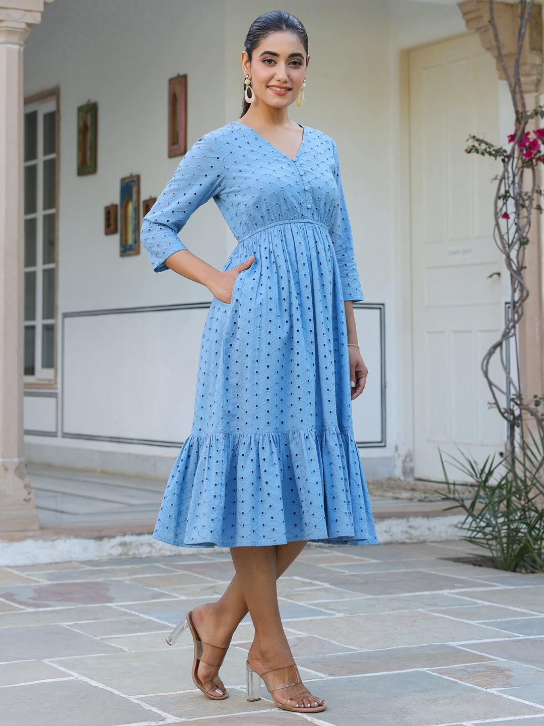 Janasya Women's Light Blue Pure Cotton Schiffli Fit & Flare Dress - qivii