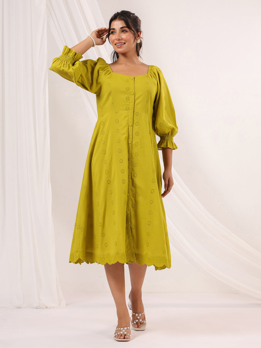 Janasya Women's Lime Green Pure Cotton Schiffli A line Dress - qivii