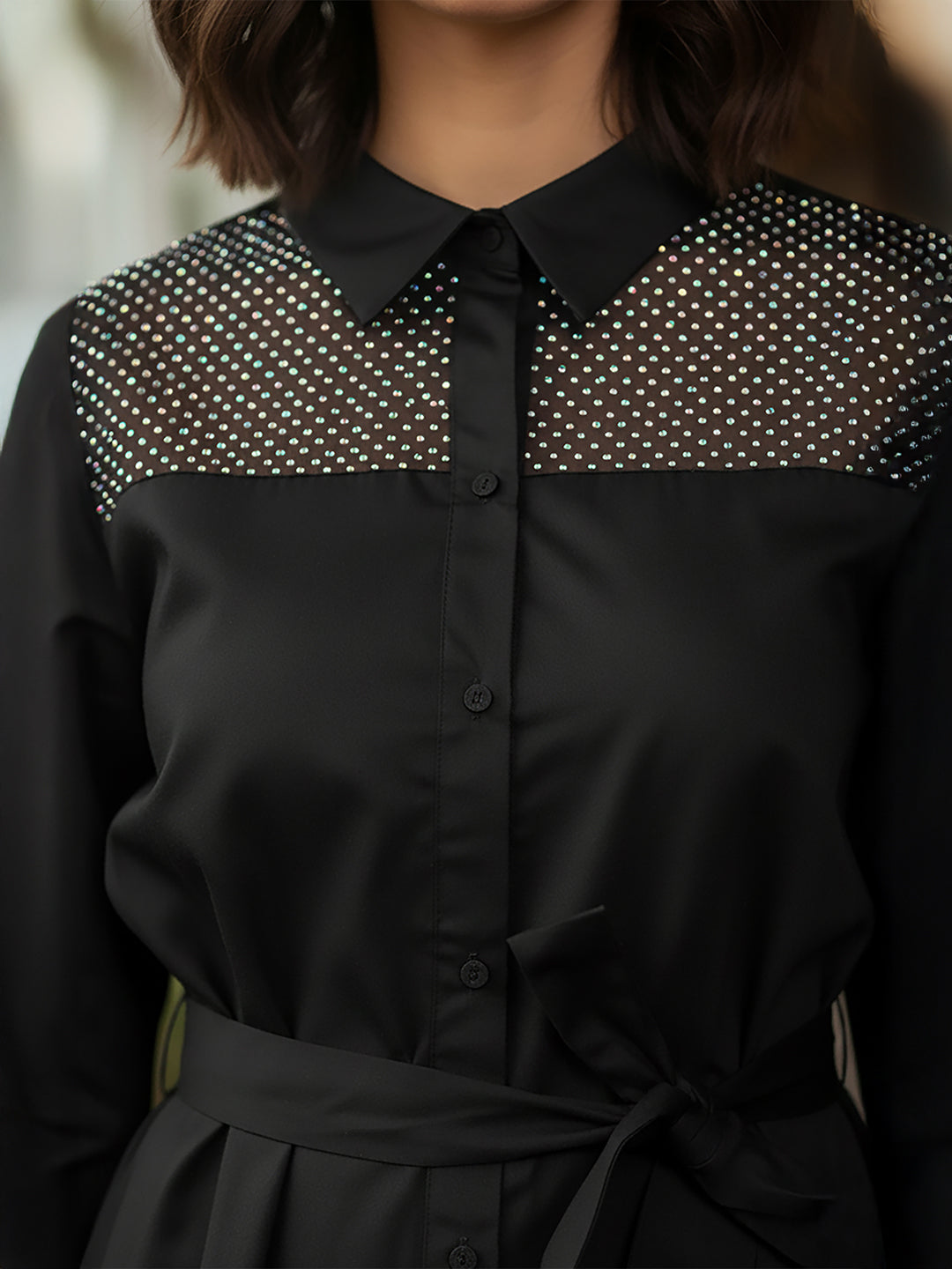 Janasya Women's Black Cotton Embellished A-line Button Down Shirt Dress