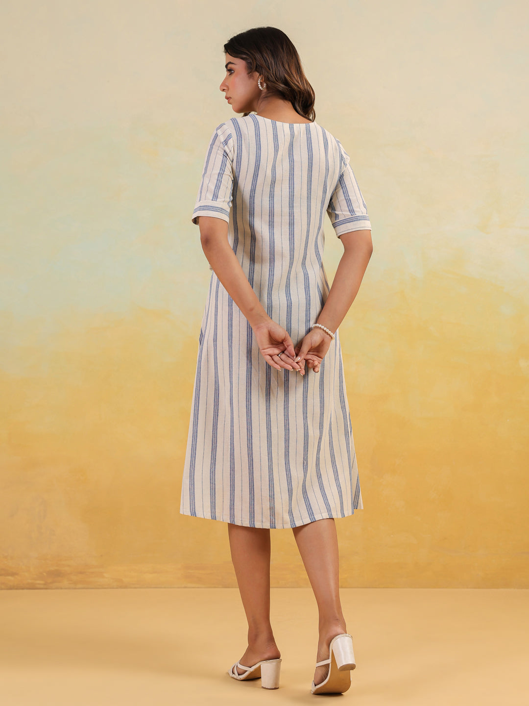 Janasya Women's White & Blue Cotton Striped Button Down A-line Dress - qivii
