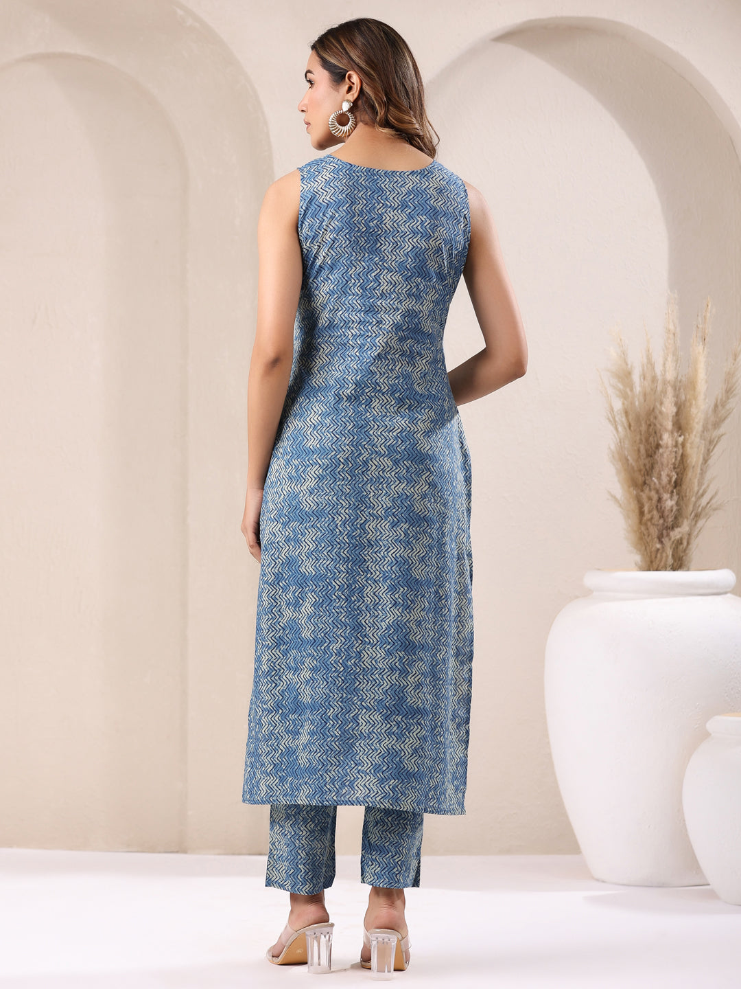 Blue Pure Cotton Chevron Printed Straight Kurta Pant Set - qivii