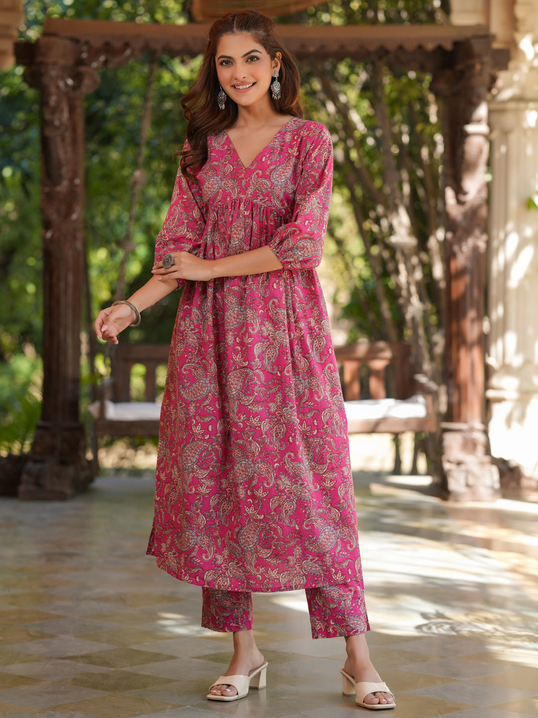 Pink Pure Cotton Floral Printed A-Line Kurta Pant Set - qivii
