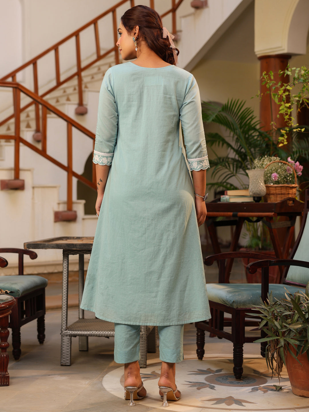 Light Blue Pure Cotton Embroidered A-line Kurta Pant Set - qivii