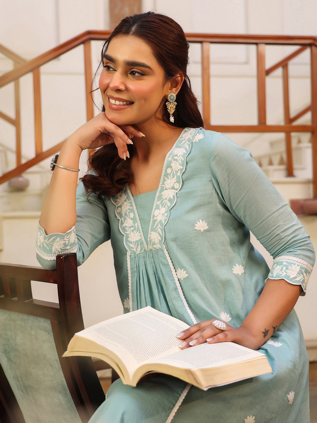 Light Blue Pure Cotton Embroidered A-line Kurta Pant Set - qivii