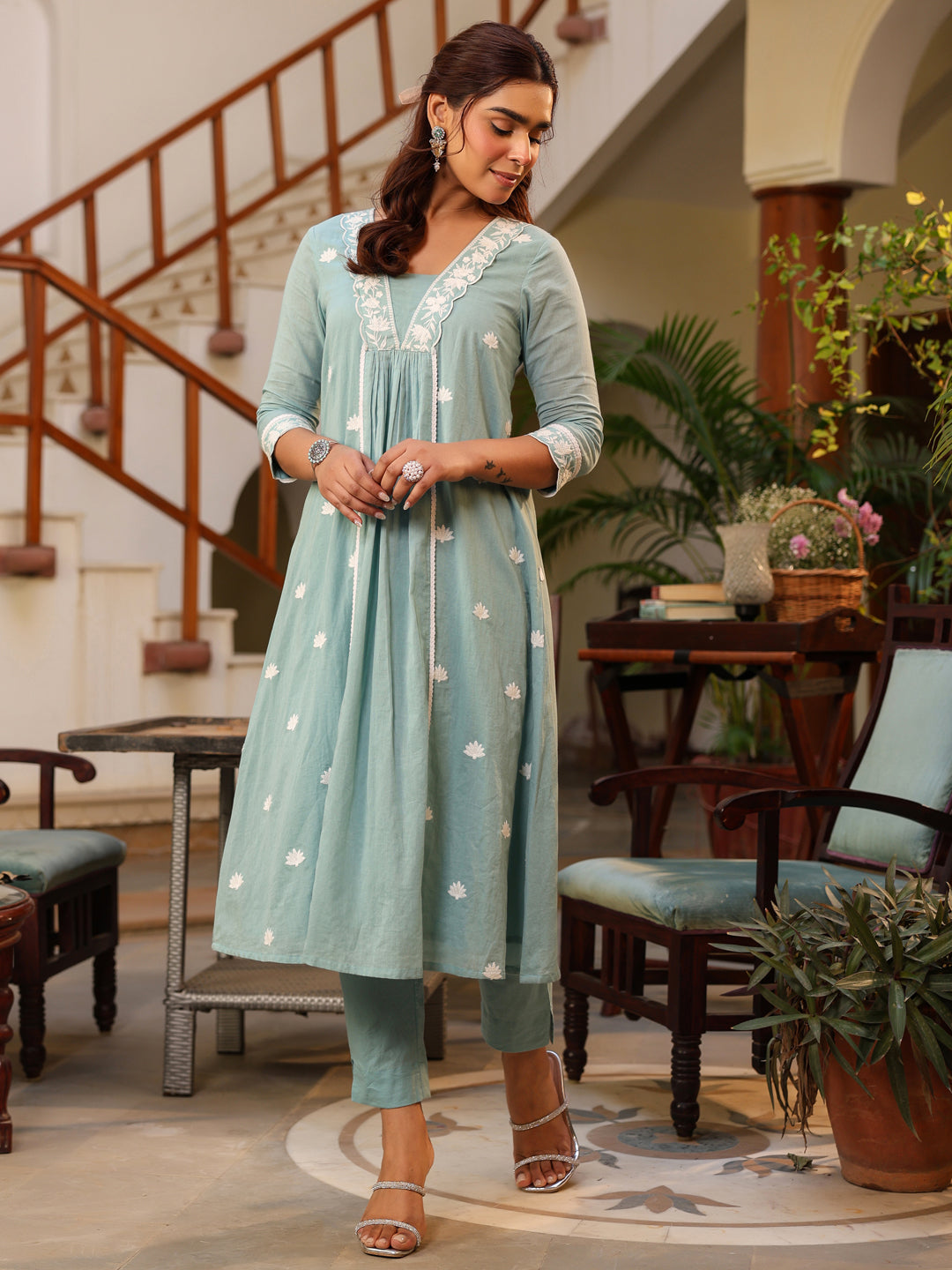 Light Blue Pure Cotton Embroidered A-line Kurta Pant Set - qivii