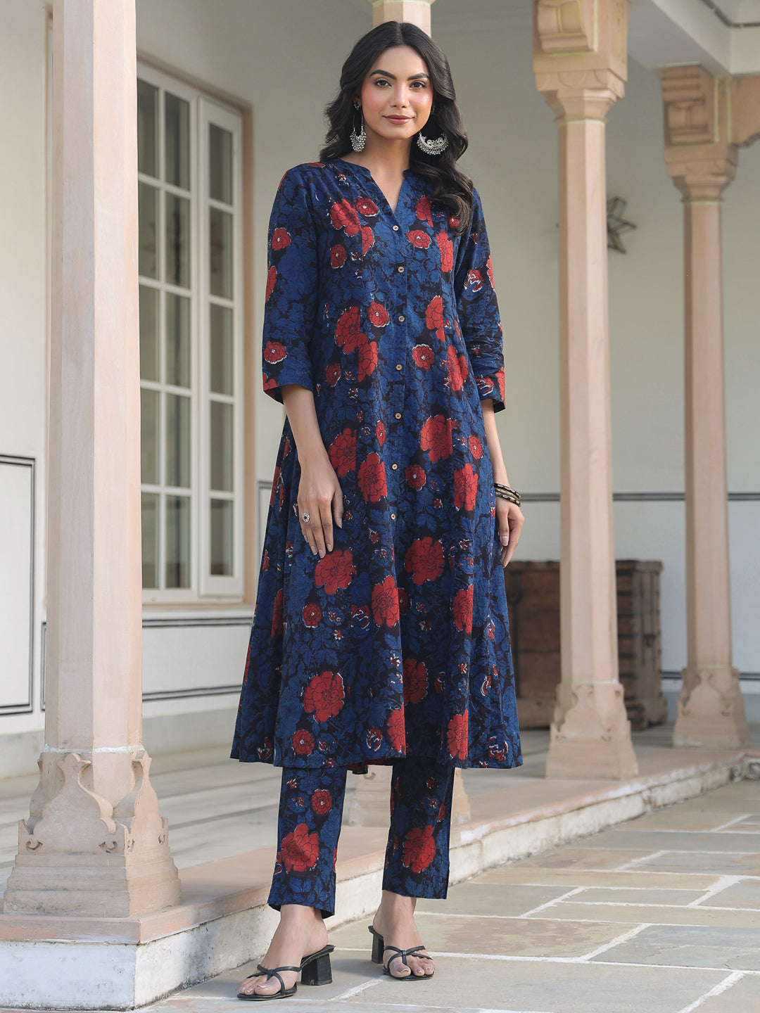 Navy Blue Pure Cotton Floral Printed A-line Kurta Pant Set - qivii