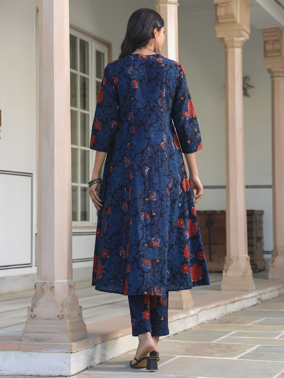 Navy Blue Pure Cotton Floral Printed A-line Kurta Pant Set - qivii