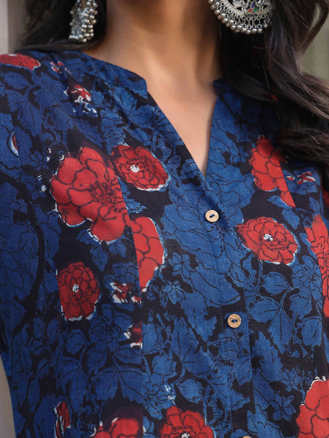 Navy Blue Pure Cotton Floral Printed A-line Kurta Pant Set - qivii