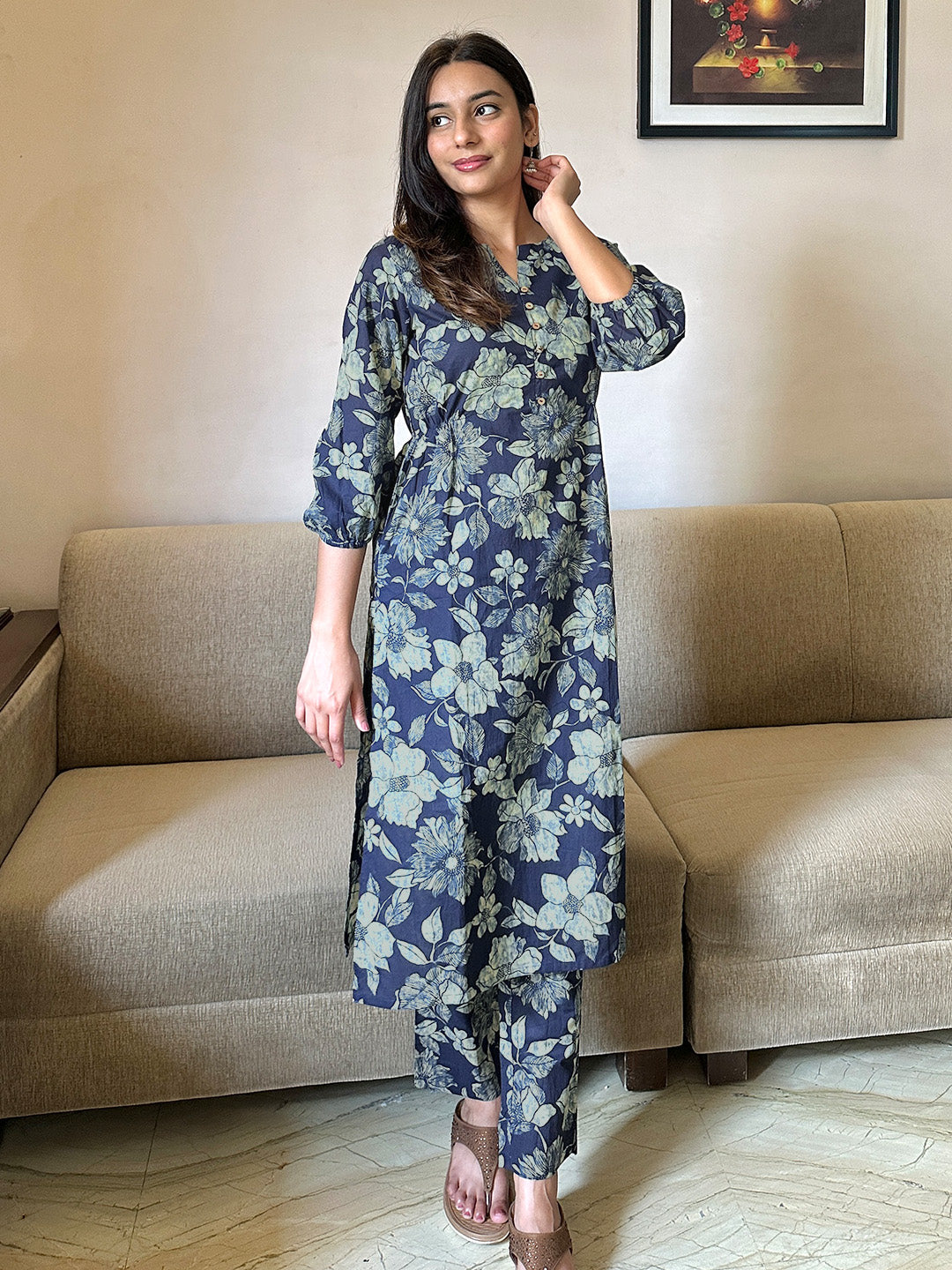 Indigo Pure Cotton Floral Printed Straight Kurta Pant Set - qivii