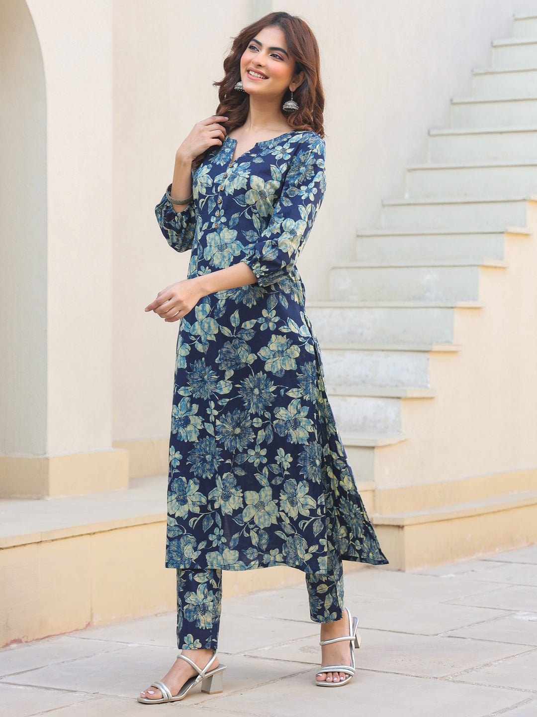 Indigo Pure Cotton Floral Printed Straight Kurta Pant Set - qivii
