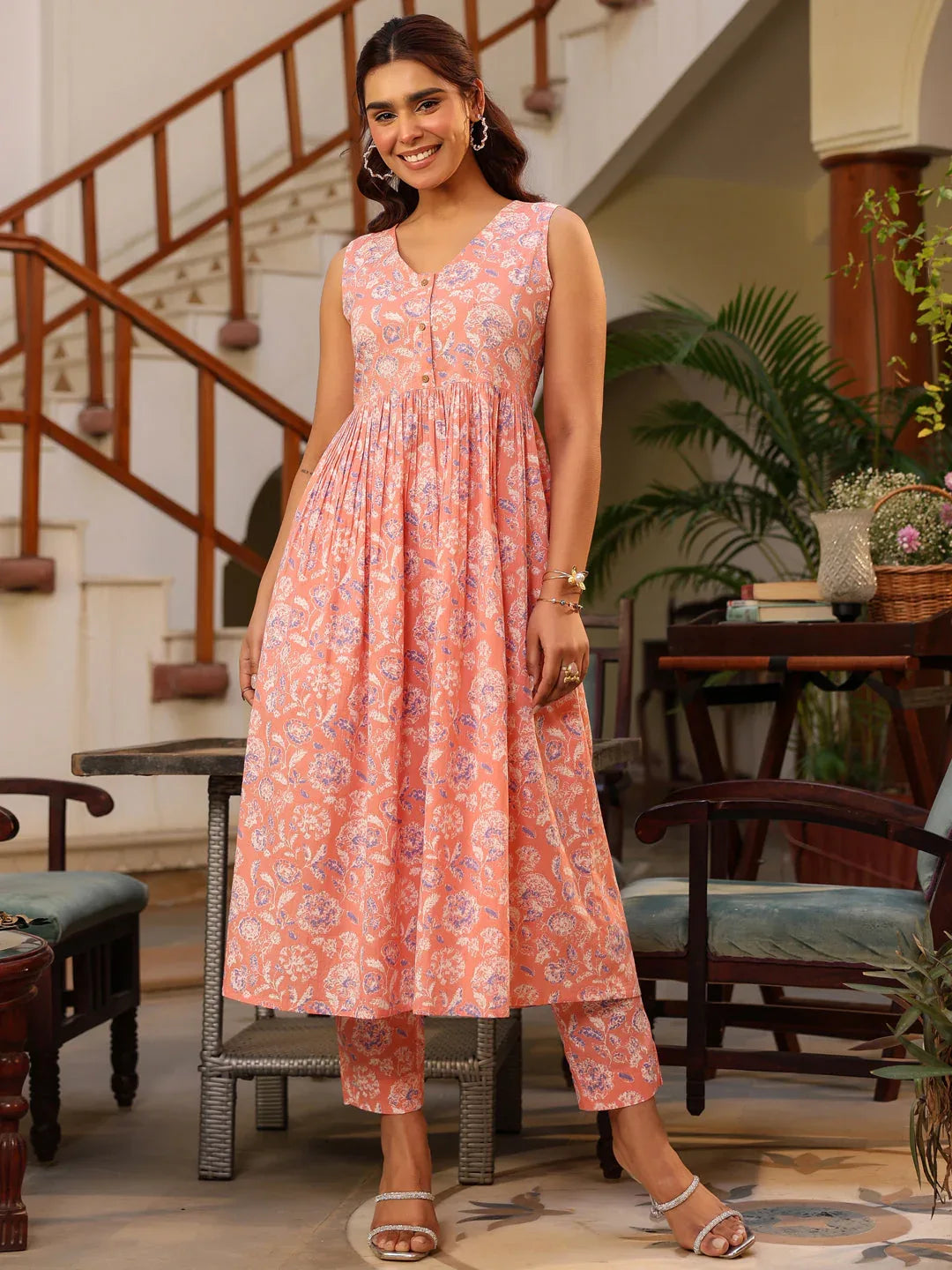 Coral Pure Cotton Floral Printed A-line Kurta Pant Set