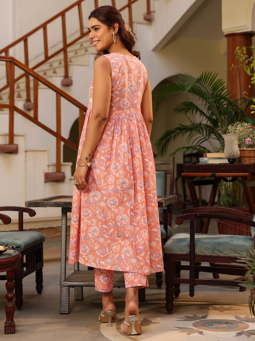 Coral Pure Cotton Floral Printed A-line Kurta Pant Set - qivii