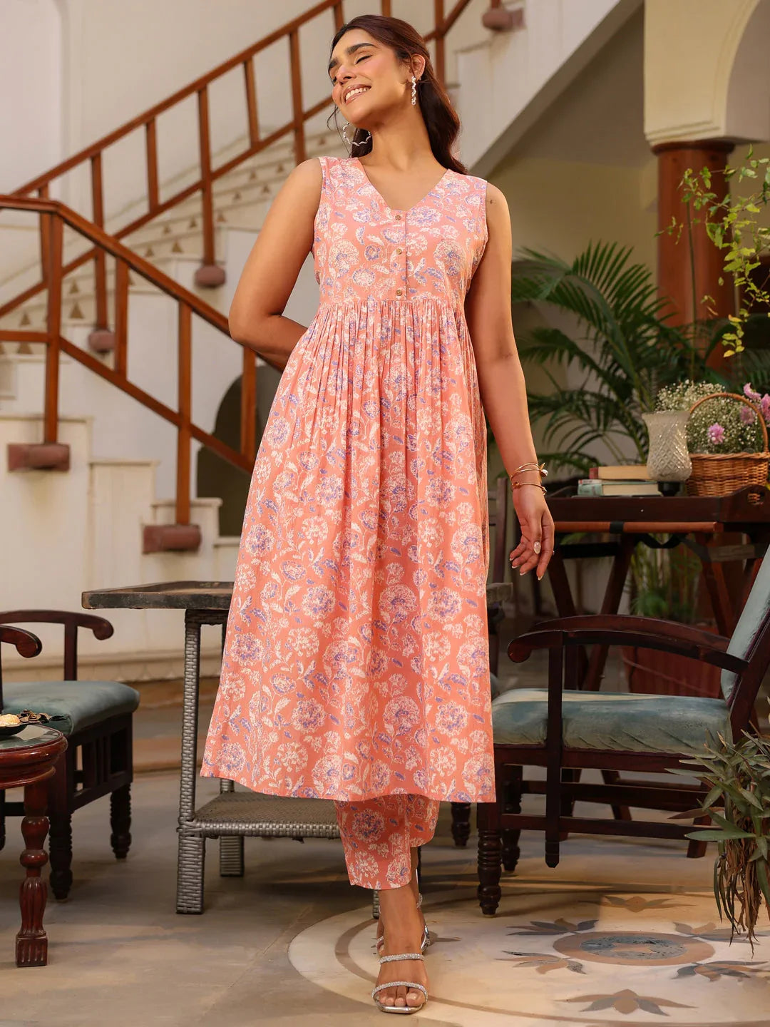 Coral Pure Cotton Floral Printed A-line Kurta Pant Set