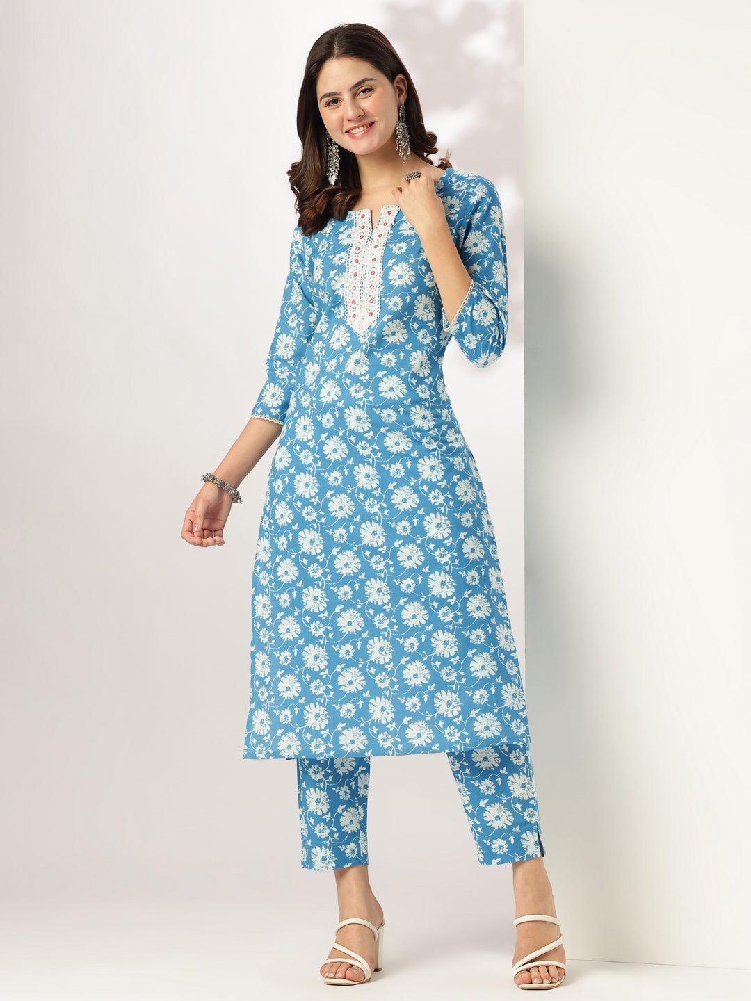 Blue Pure Cotton Floral Printed Straight Kurta Pant Set - qivii