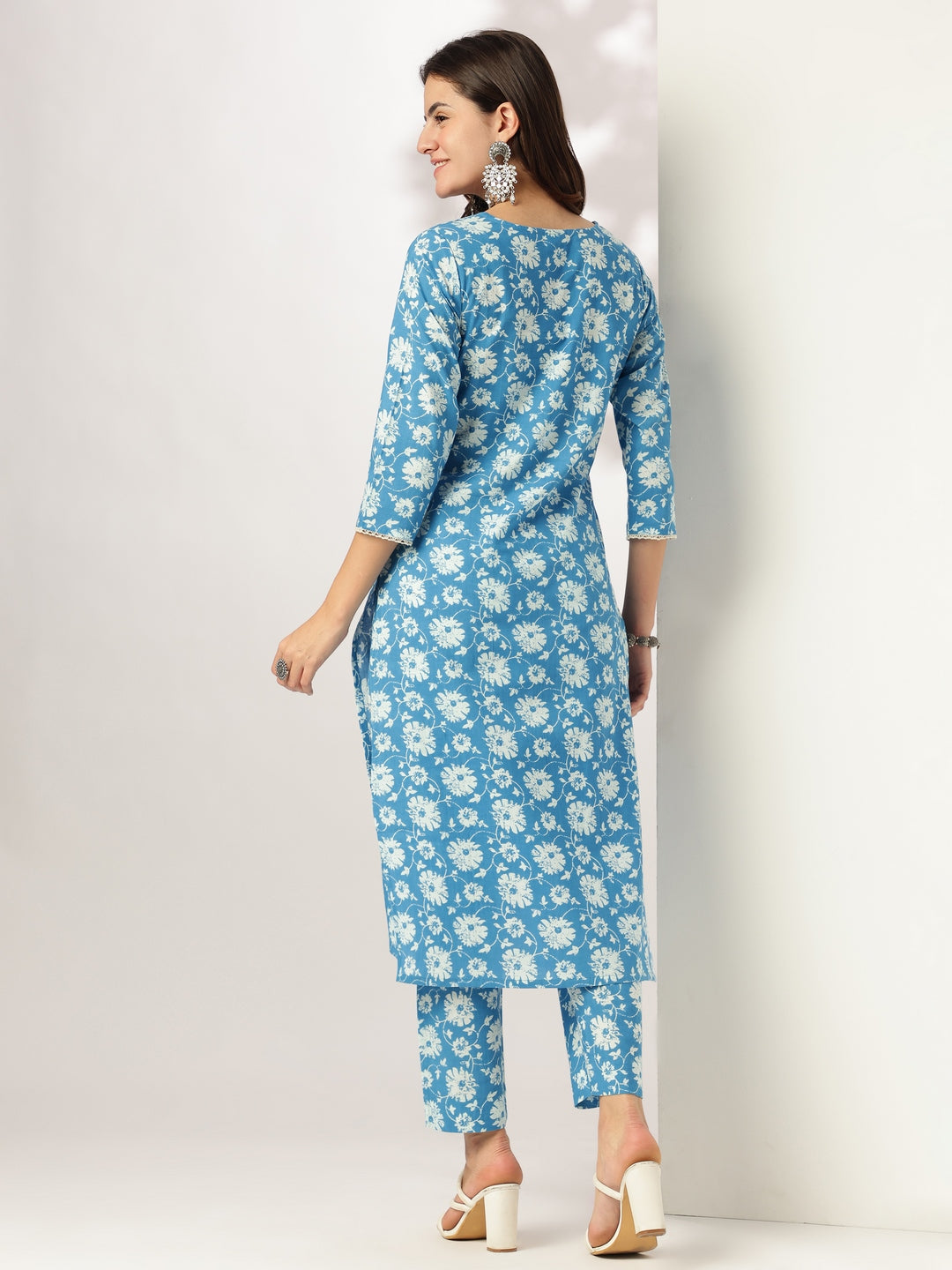 Blue Pure Cotton Floral Printed Straight Kurta Pant Set - qivii