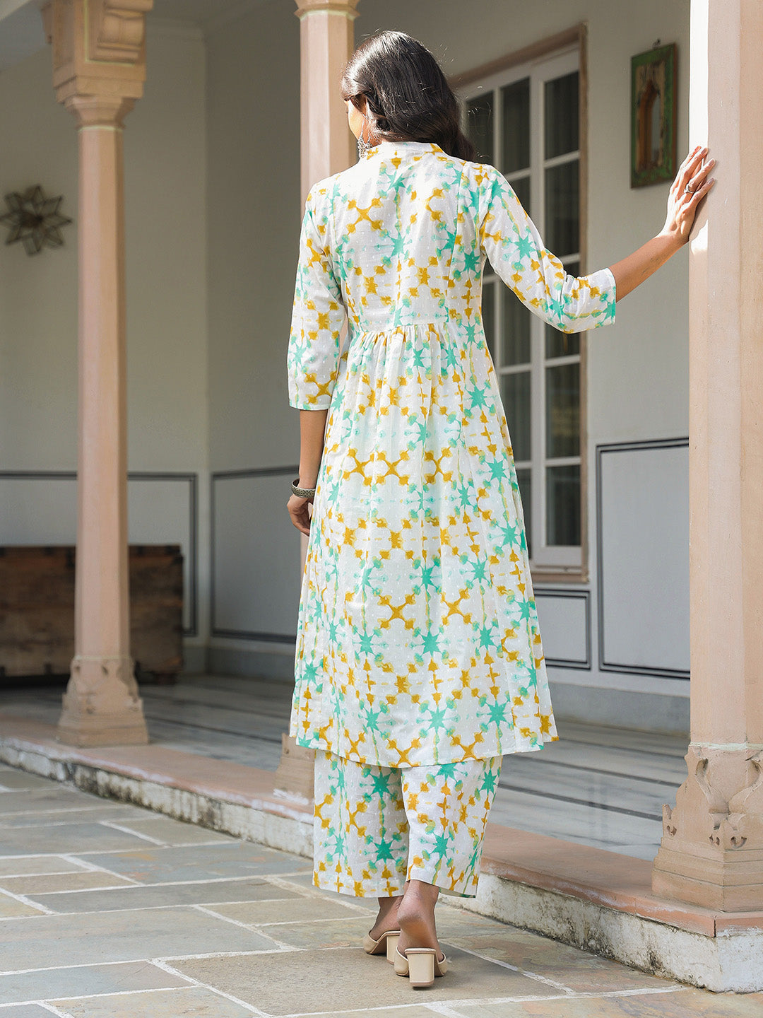 White Pure Cotton Yoke Embroidered Abstract Printed A-line Kurta Pant Set - qivii