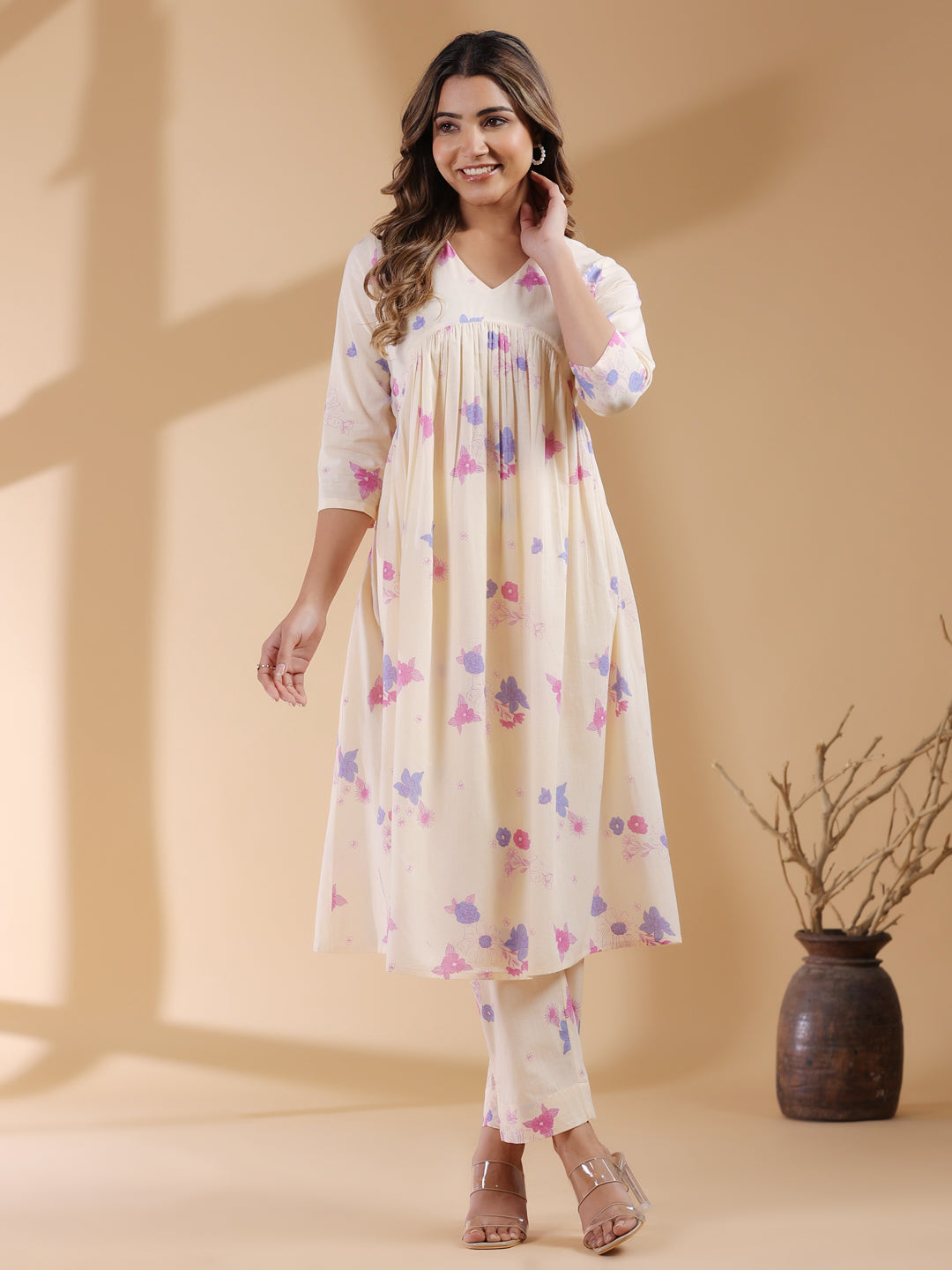 Cream Pure Cotton Floral Printed A-line Kurta Set - qivii