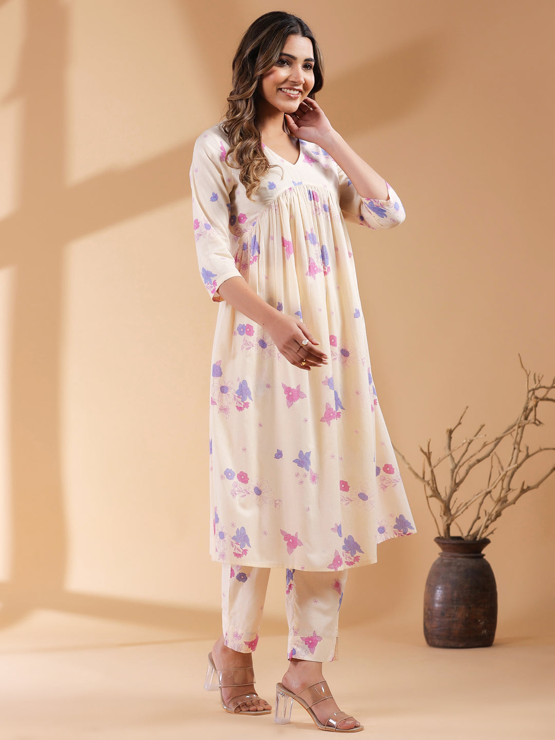 Cream Pure Cotton Floral Printed A-line Kurta Set - qivii