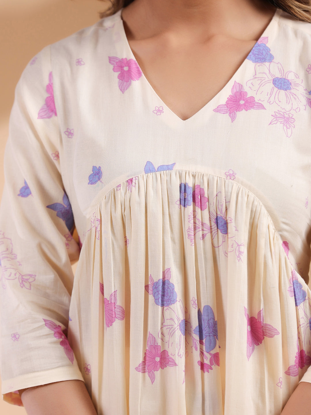 Cream Pure Cotton Floral Printed A-line Kurta Set - qivii