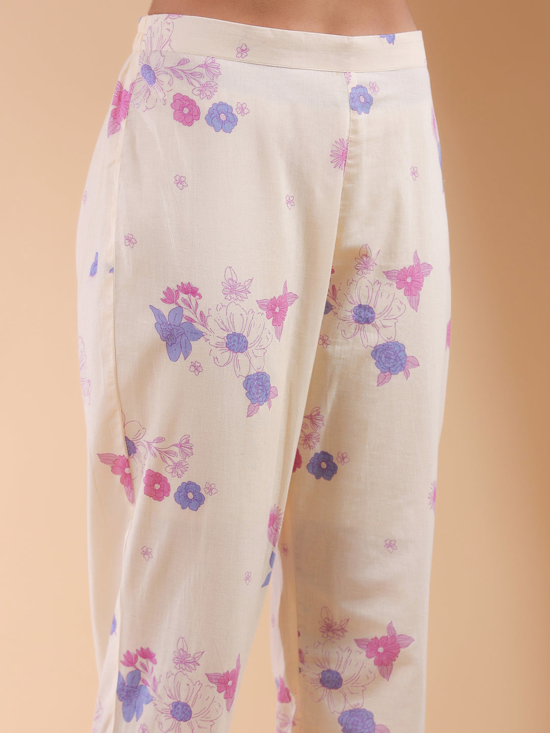 Cream Pure Cotton Floral Printed A-line Kurta Set - qivii