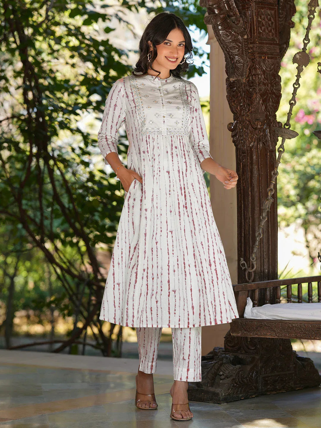 Janasya Women's White Pure Cotton Tie & Dye With Mirror Work A-line Kurta Pant Set