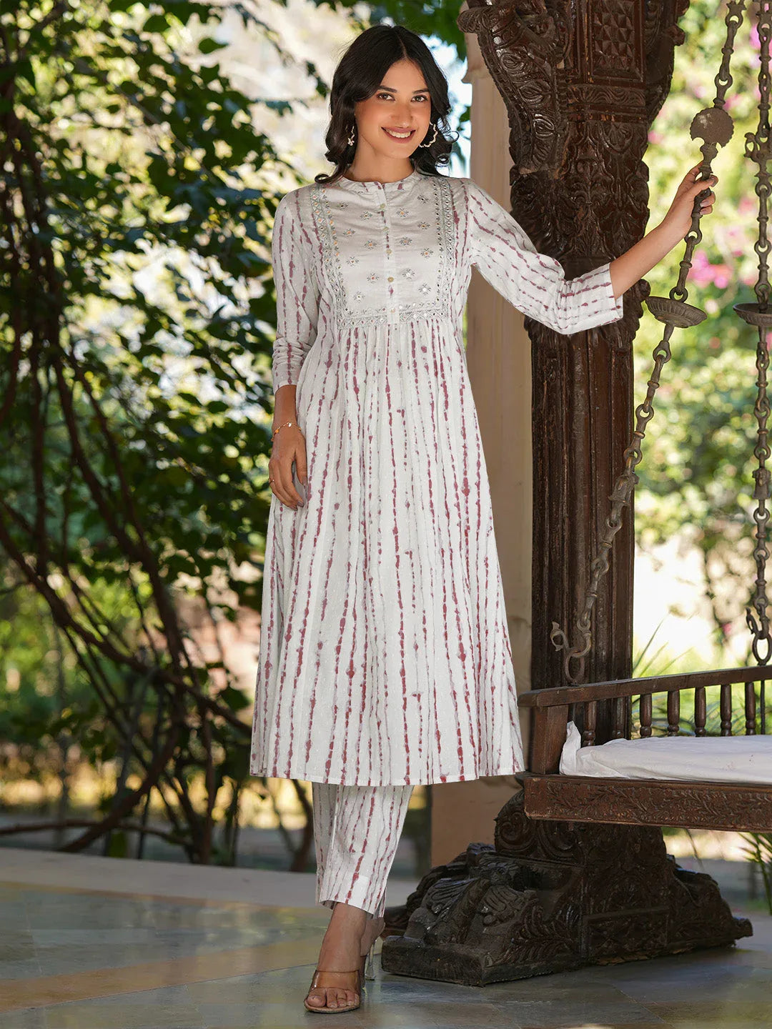 Janasya Women's White Pure Cotton Tie & Dye With Mirror Work A-line Kurta Pant Set