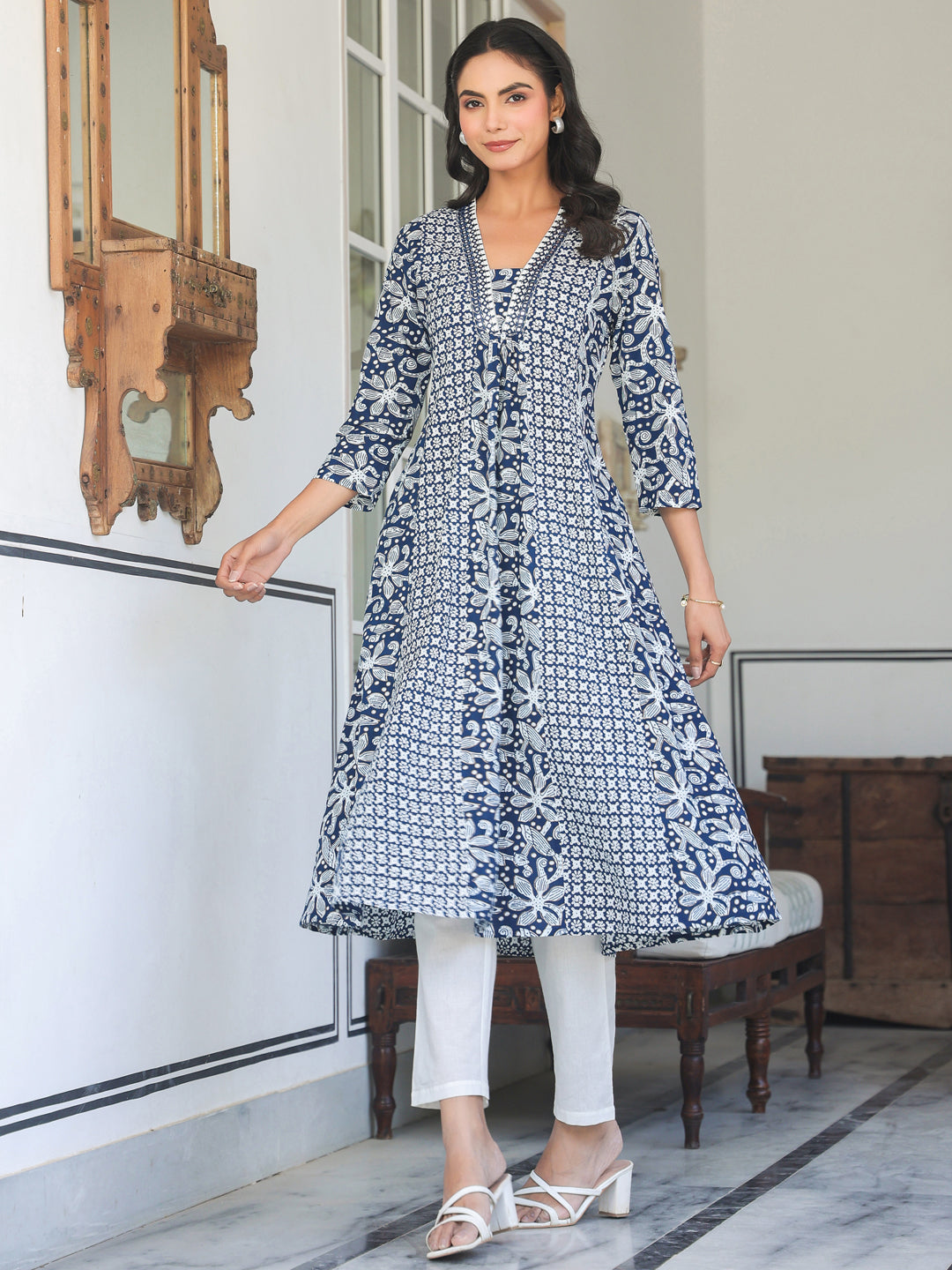 Navy Blue Pure Cotton Yoke Embroidery Floral A-line Kurta - qivii
