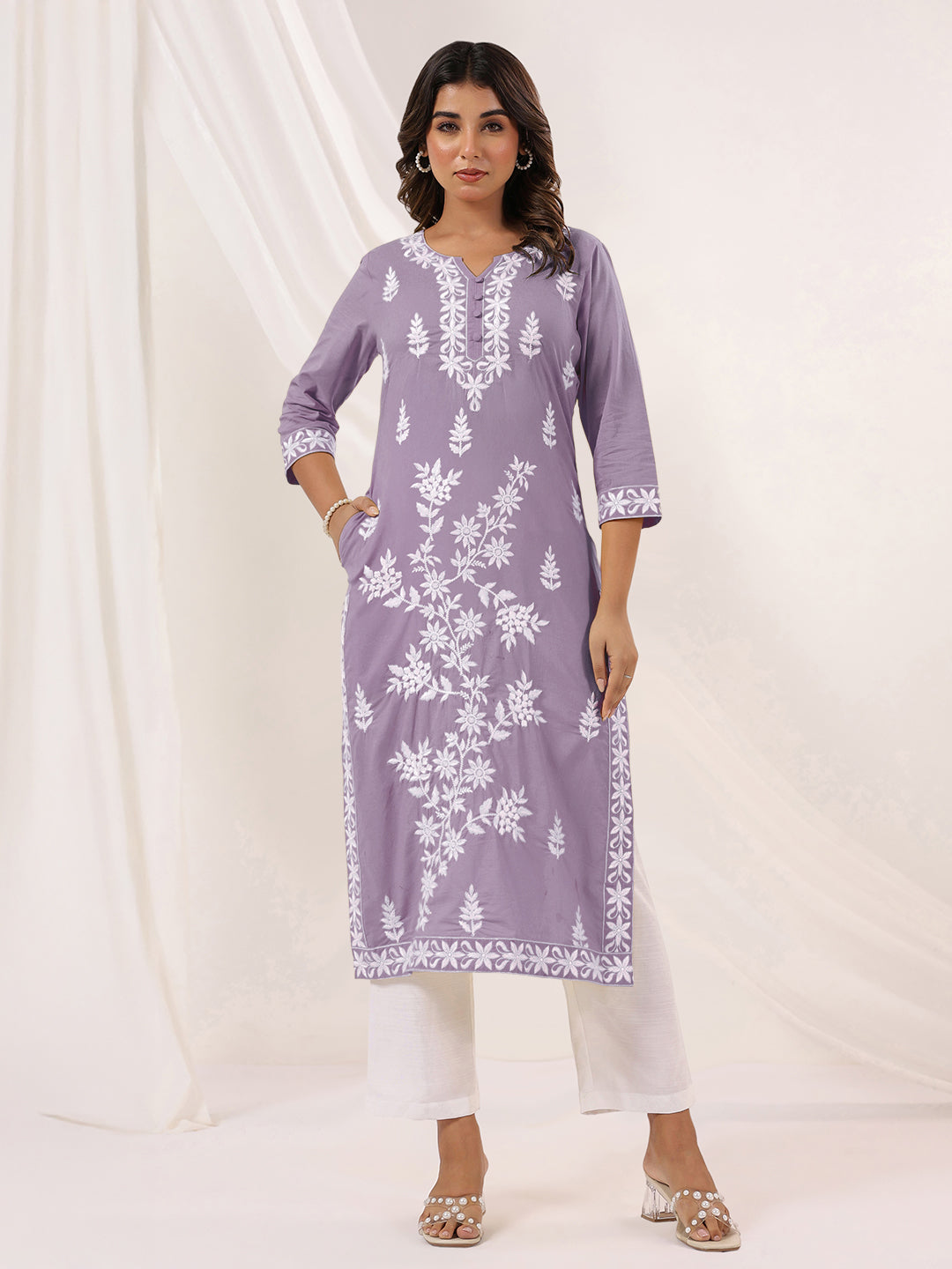 Janasya Women's Light Purple Pure Cotton Embroidered Straight Kurta - qivii