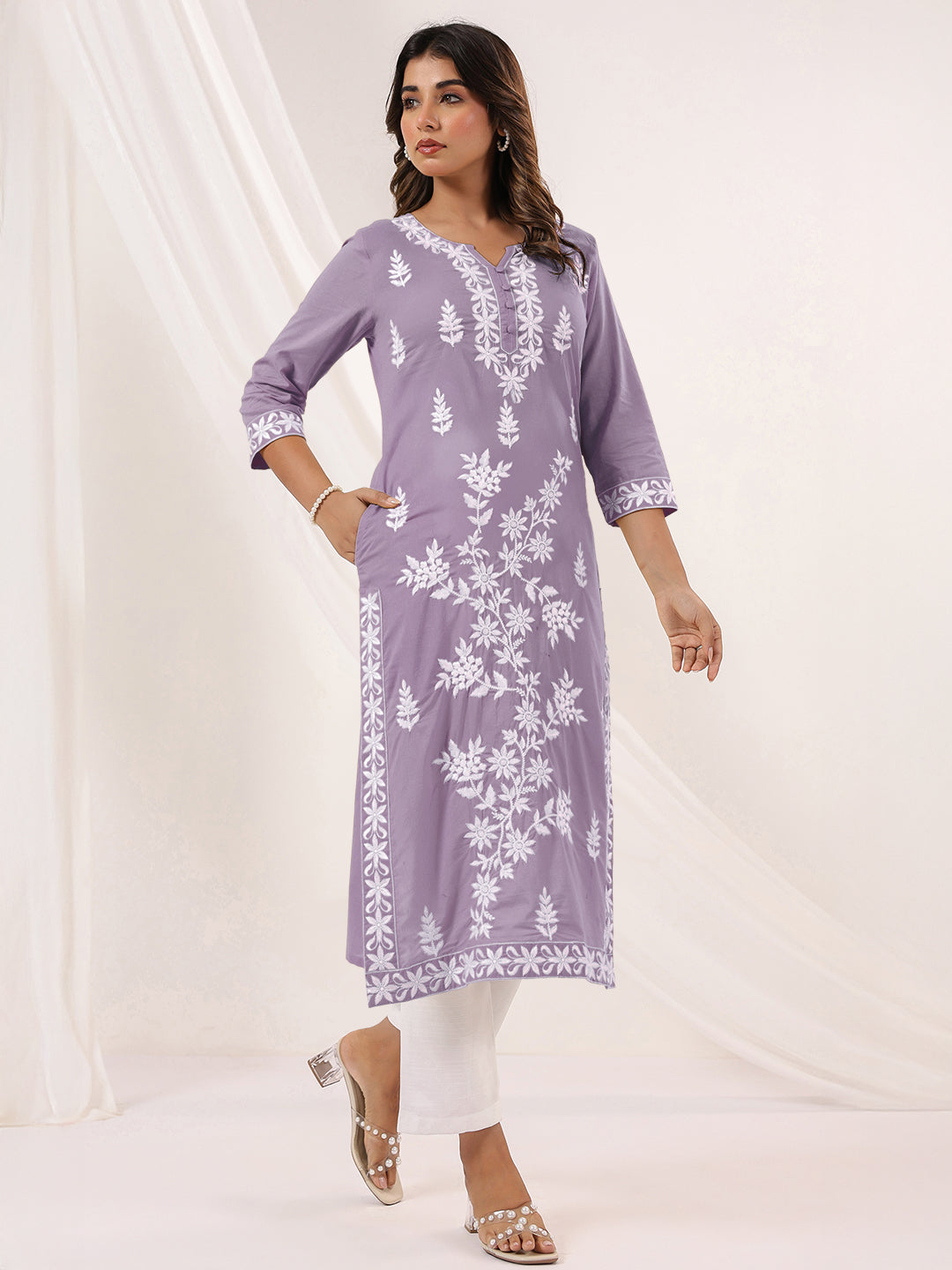 Janasya Women's Light Purple Pure Cotton Embroidered Straight Kurta - qivii