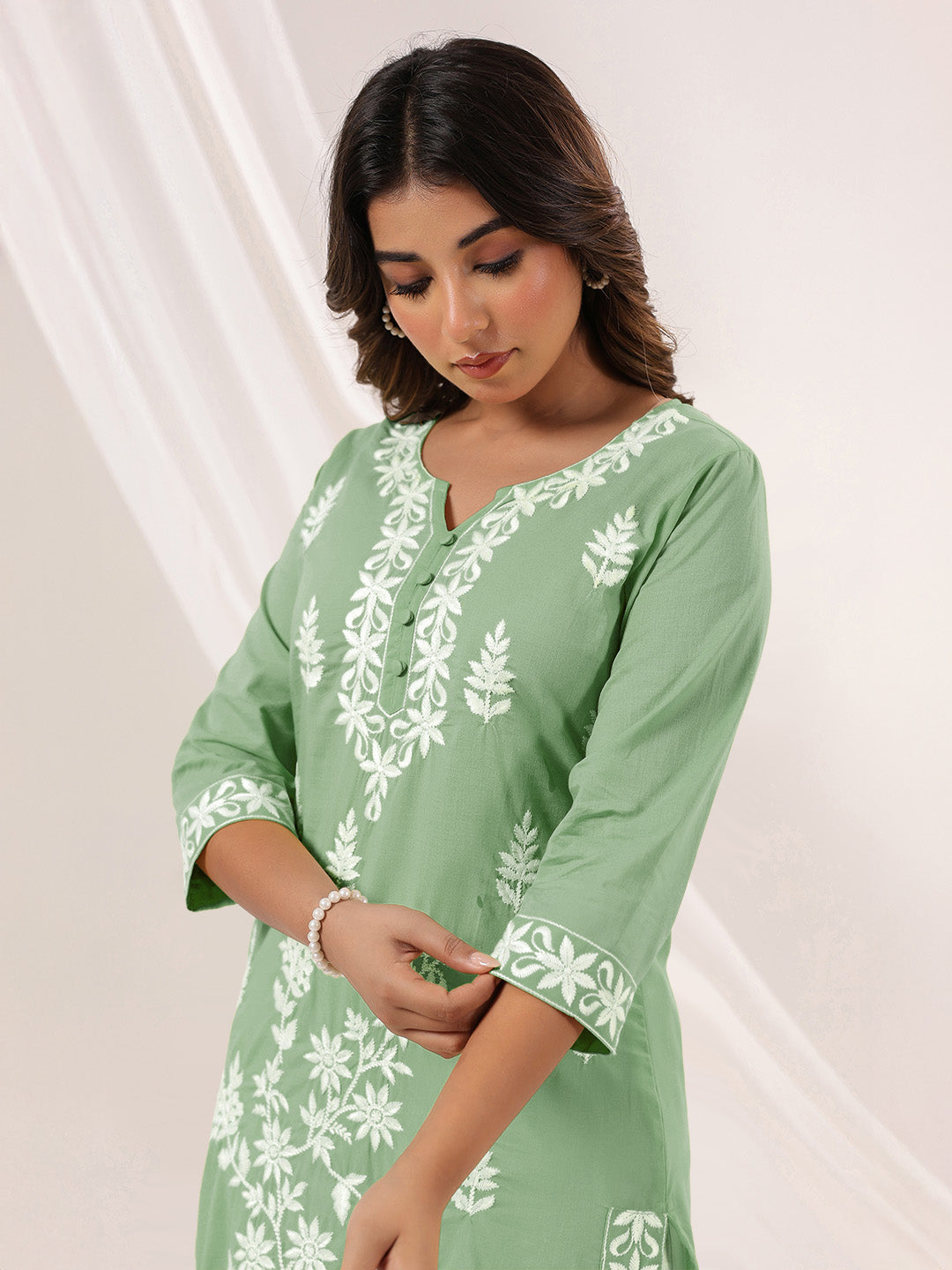 Janasya Women's Light Green Pure Cotton Embroidered Straight Kurta - qivii