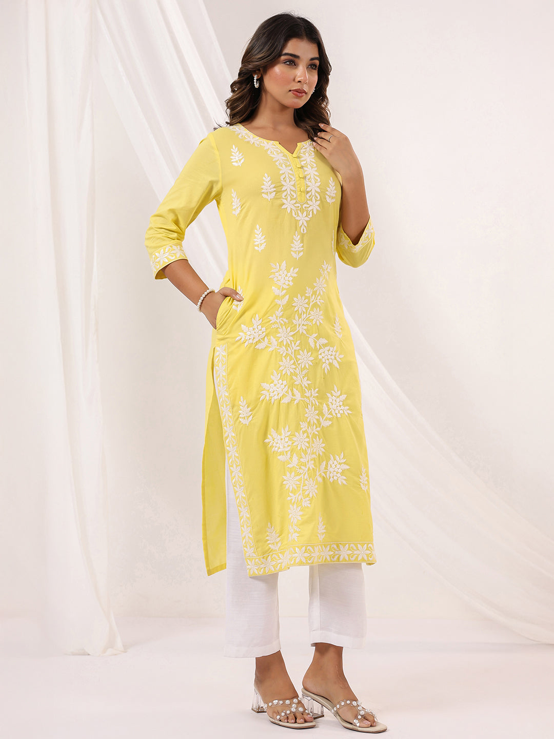 Janasya Women's Yellow Pure Cotton Embroidered Straight Kurta - qivii