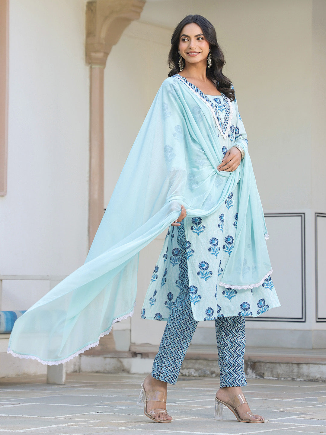Blue Pure Cotton Floral Printed Straight Kurta Set - qivii
